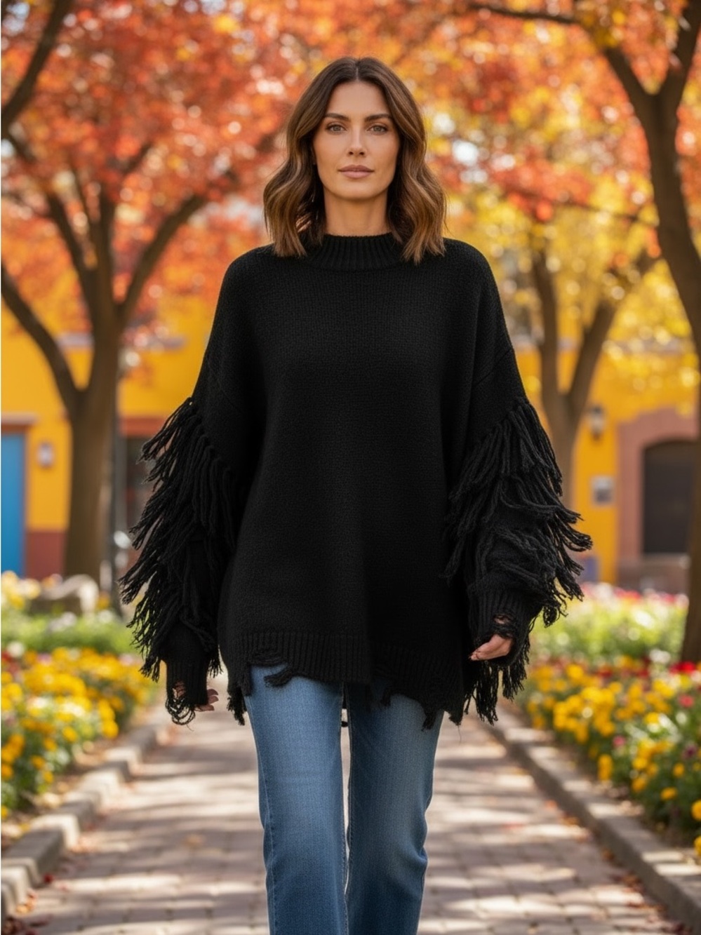 Chelsea & Violet Black Fringe Sleeve Crewneck Sweater